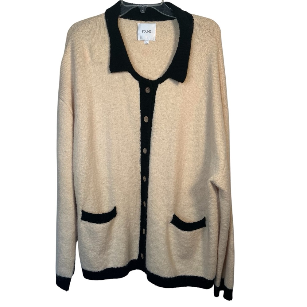 Found Sima Contrast Collar Knitted Cardigan Sweater Sz XL Cream Black Unisex
